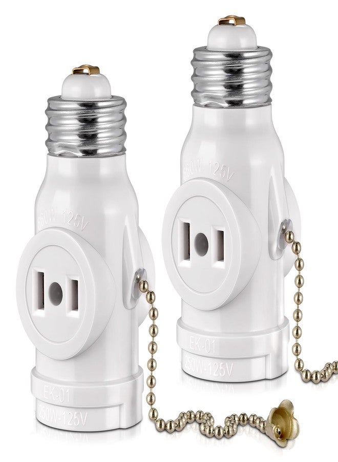 EMNOOTI 2-Pack E26 Light Socket Adapter - Converts Medium Screw Socket to Two Outlets With Pull Chain Switch - UL Listed, White - Image 1